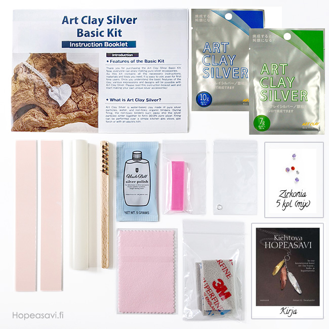 Kiehtova Hopeasavi -kirja+Aloituspaketti+Art Clay hopeasavi 7g+10g+5kpl zirkoniamix