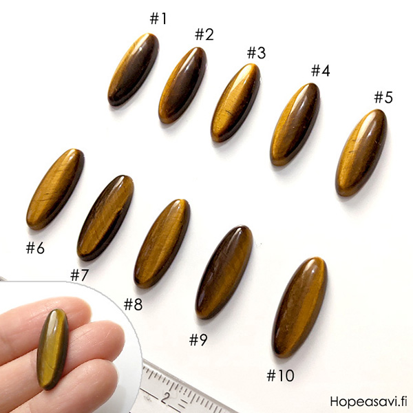 Tiikerinsilm, aito luonnonkivi, pyrhiottu kapussi, kuvassa #7, soikea, kapea, 22x8mm, 1kpl 
