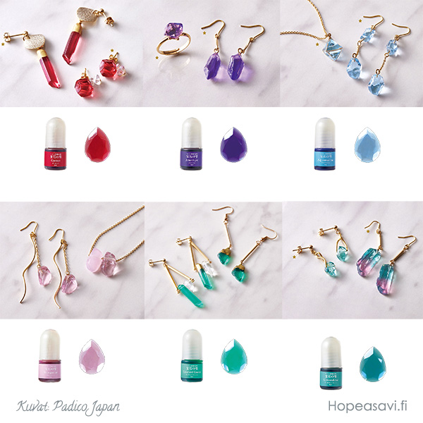  *Uutuustarjous* UV-hartsi pigmentti SETTI 'Syntymkivi 1-6', 6x3ml, 'Garnetti, Ametisti, Akvamariini, Morganiitti, Emeraldi, ja Alexandriitti'