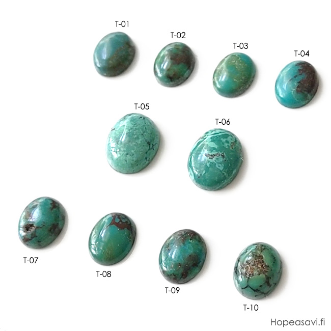 Turkoosi, *Uniikki kivi* kuvassa T-02, pyrhiottu kapussi, v/t, soikea, 10x8mm, paksuus noin 3.3mm, 1kpl