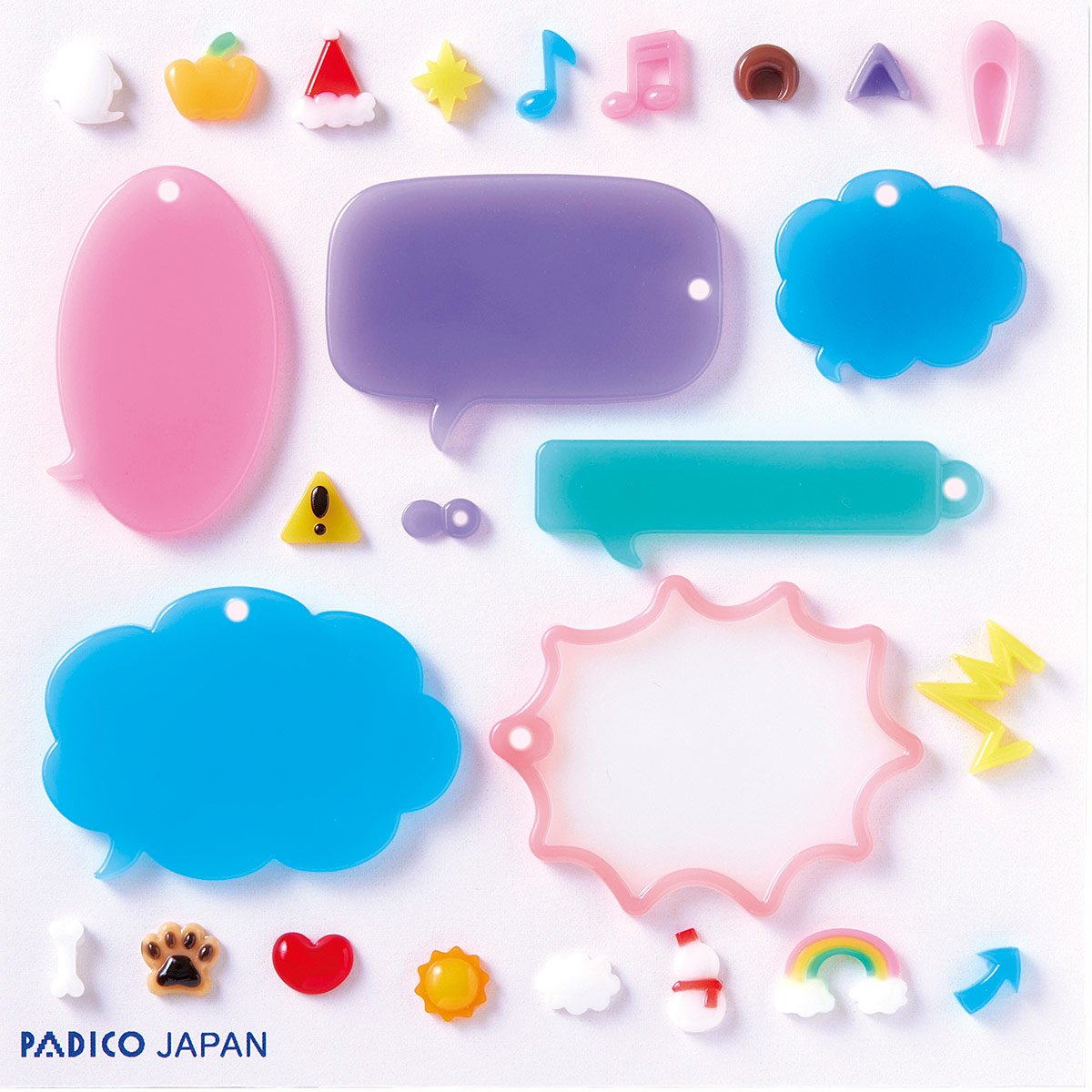 Muotti, joustava ja l�pin�kyv�, "PUHEKUPLA #2 JUHLAT" Kokelma jossa 6 isompaa muotoa ja 20 pient� osaa niiden koristeluun. Tee esim avainperi� ja asustekoristeita (UV-led hartsille, massoille)